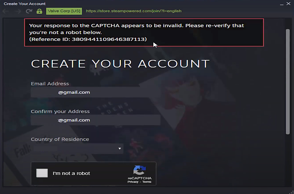Bị lỗi Captcha khi tạo tài khoản Steam và cách khắc phục